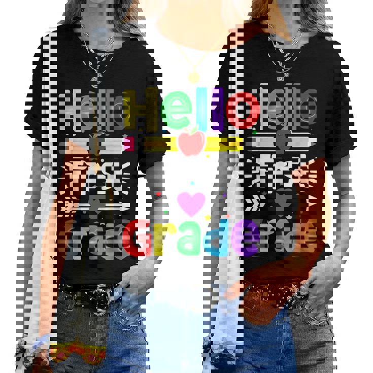 Hello First Grade Back Tochool 1St Day Of 1St Grade レディースTシャツ
