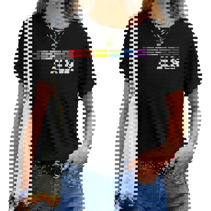 Proud Ally Bars Equality Lgbtq Rainbow Flag Gay Pride Ally レディースTシャツ