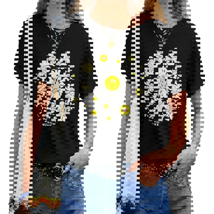 Stay Positive キュート スマイルフェイス 花 ハッピーフェイス 花 女の子 レディースTシャツ