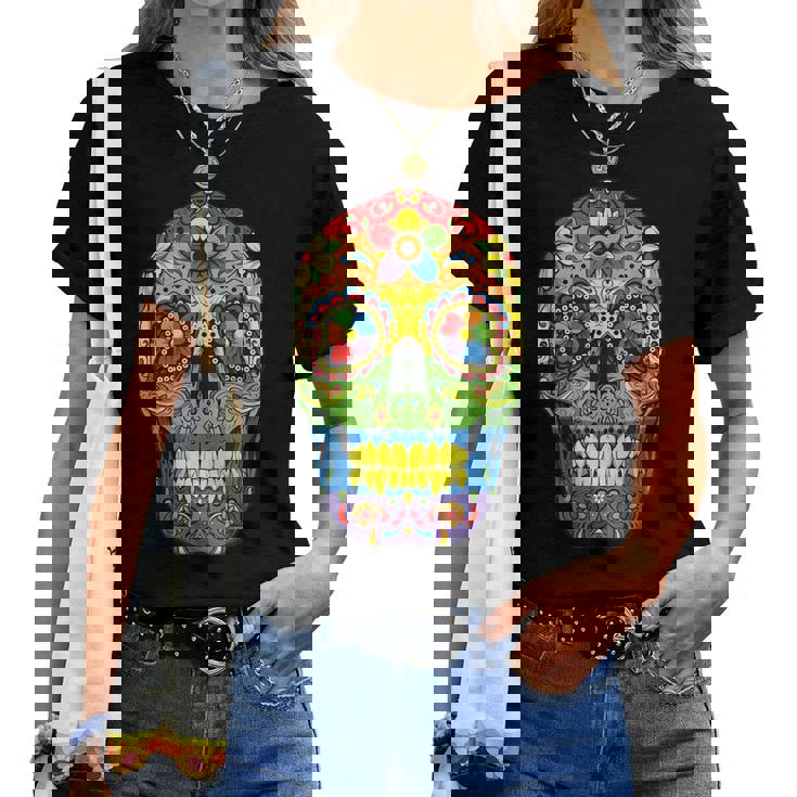 Sugarkull Lgbt Gay Pride Rainbow Flag Day Of The Dead レディースTシャツ