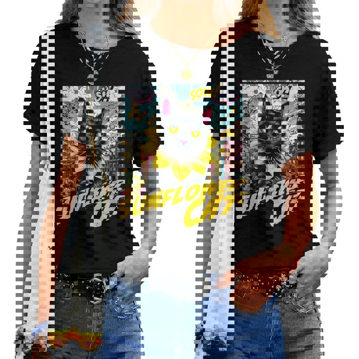 Sunflower Cat 黒猫 ひまわり 向日葵 アメコミ ネタアイテム レディースTシャツ