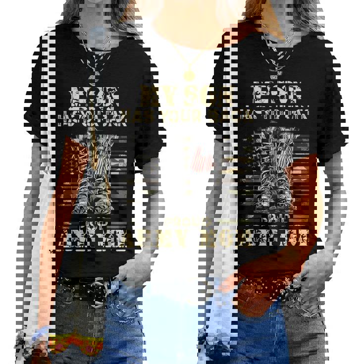 メンズ アメリカ国旗デザイン Myon Has Your Back Proud Army Mom レディースTシャツ