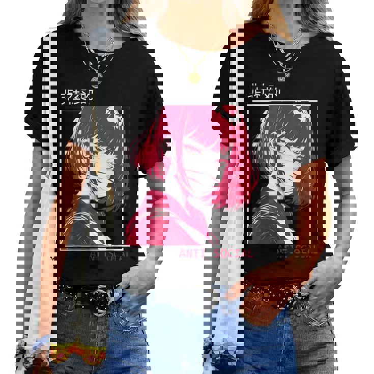 アンチソーシャル アニメ 女の子 マスク付き 漢字テキストaporwave レディースTシャツ