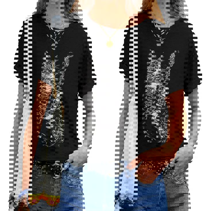 エレキギターを弾くロックキャット デザイン 男性 女性 レディースTシャツ