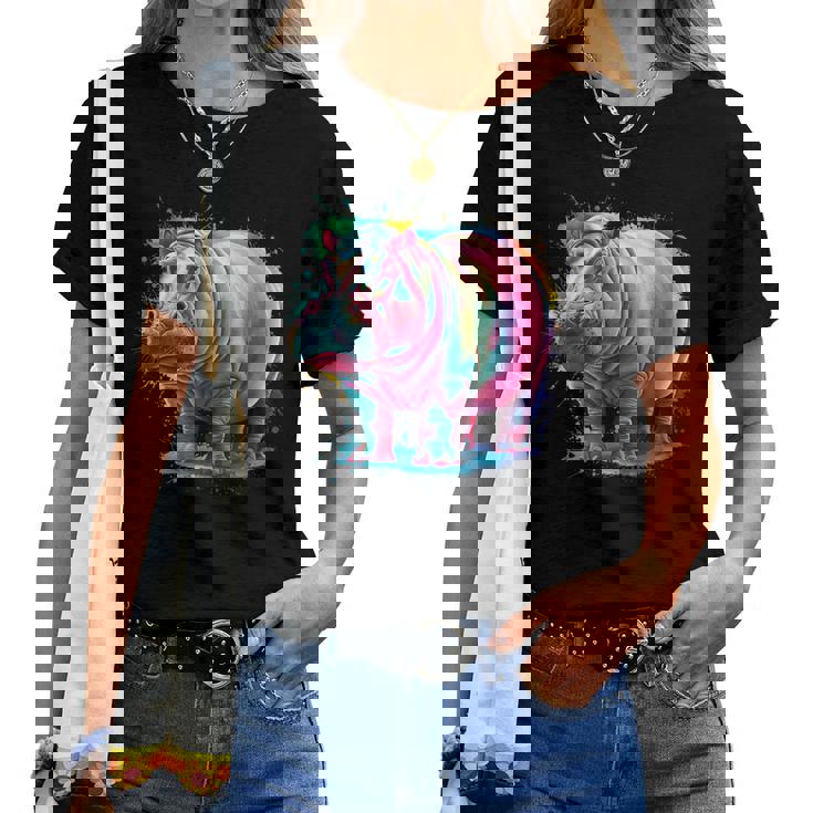 カバ 男性 女性 カラフル 水彩 カバ レディースTシャツ