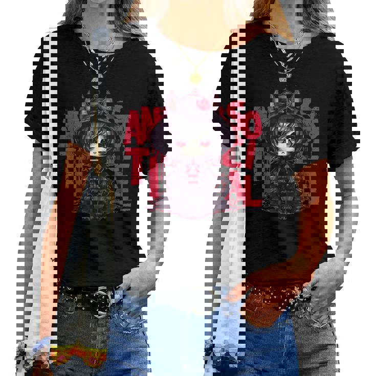 カワイイ アニメ ゴシック 猫 女の子 ちび 反社会的 メンヘラ グランジ レディースTシャツ