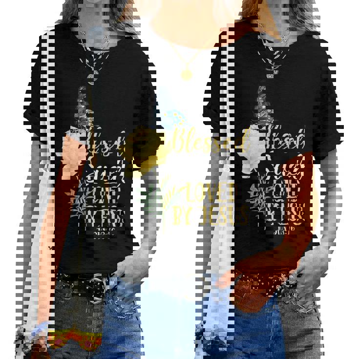 キリスト教聖書の言葉 蝶 バラの花 ヨハネ3 レディースTシャツ