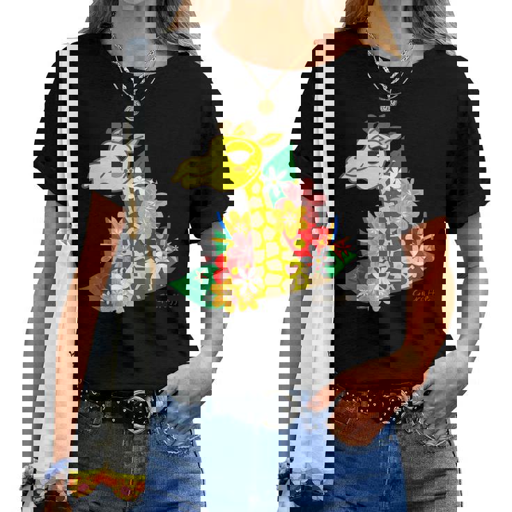 キリン 花 Giraffes Flower レディースTシャツ