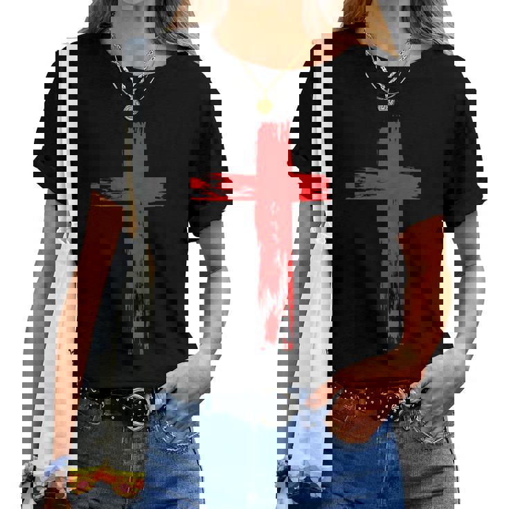 タトゥーレッドクロスオーダー I Christian I Brushtroke I Cross レディースTシャツ