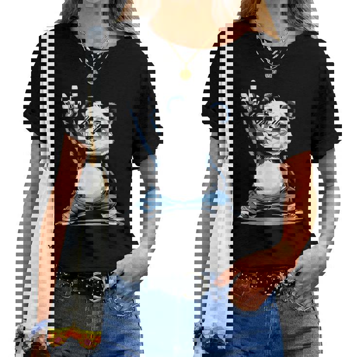 パンダ 熊 ロック 音楽 男性 子供 女性 面白い パンダ レディースTシャツ