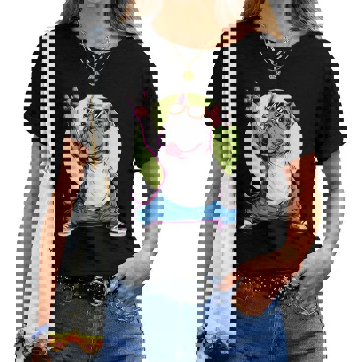 ブルドッグ ロックミュージック 男性 子供 女性 グルービー ブルドッグ レディースTシャツ