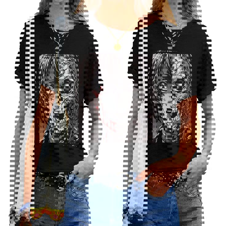 ホラー アニメ 漫画 日本 日本人 不気味 アニメ 女の子 レディースTシャツ