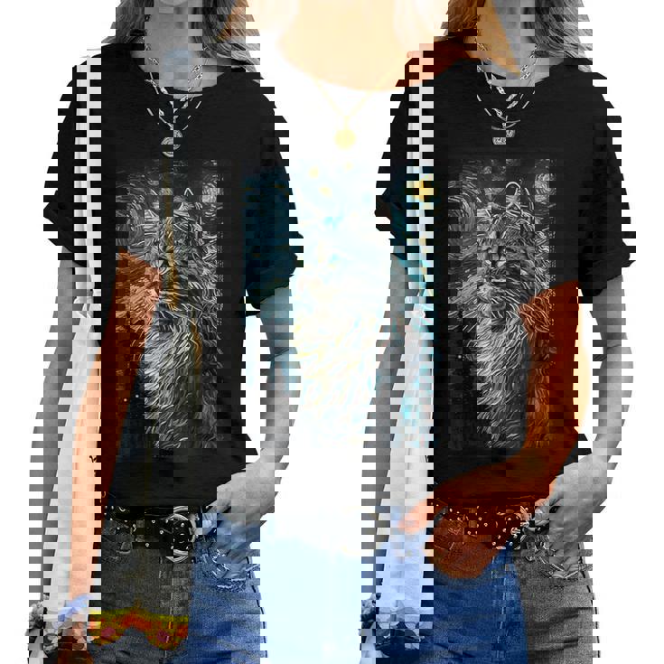 メインクーン 猫 ゴッホ 星月夜 猫好き 猫 お母さん お父さん レディースTシャツ