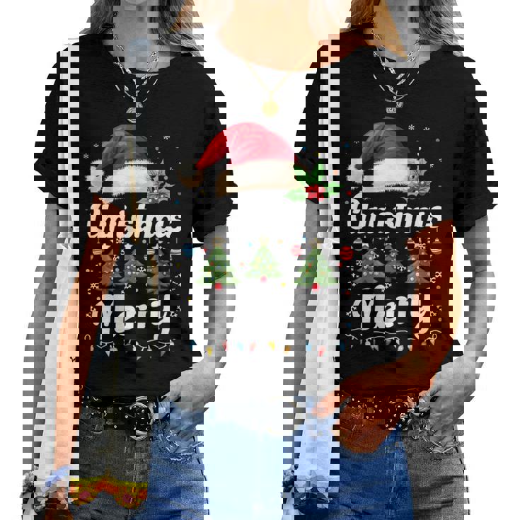 メリークリスマスライト 赤いサンタ帽子 クリスマス ファミリー 男性 女性 レディースTシャツ