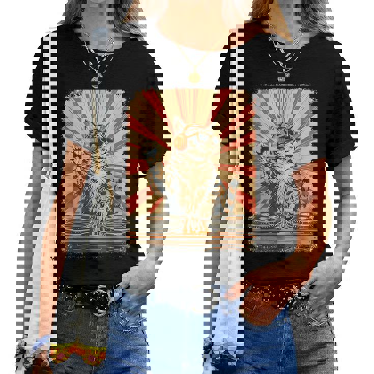 レトロ Dj 猫 ヘッドフォン付き ディスコ 音楽愛好家 男性 女性 キッズ レディースTシャツ