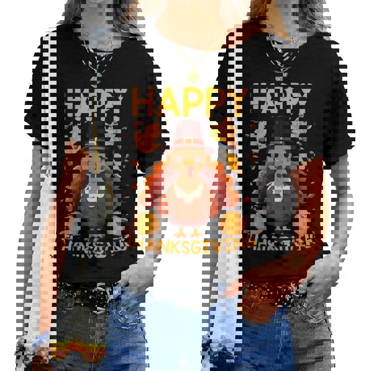 七面鳥の日ファミリーディナーとハッピー感謝祭の男性女性。 レディースTシャツ