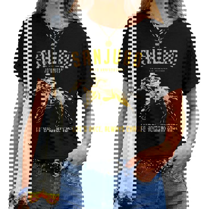 傘寿祝い 競馬好き うま 馬好き 父 母 男性 女性 80歳お祝い Life's Race Always Chase レディースTシャツ