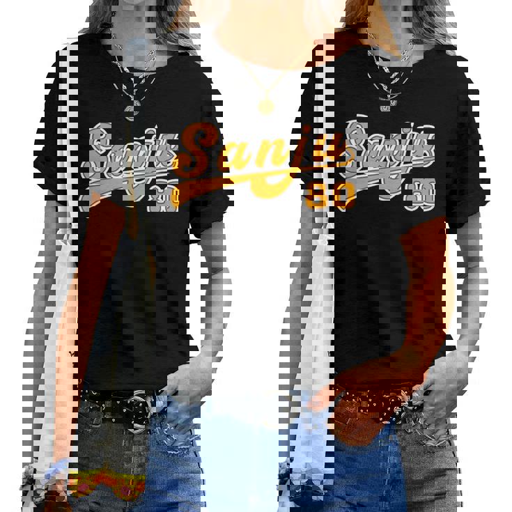 傘寿祝い 野球 野球好き 野球ユニフォーム風anju 文字 父 母 男性 女性 おもしろ 80歳 誕生日 レディースTシャツ