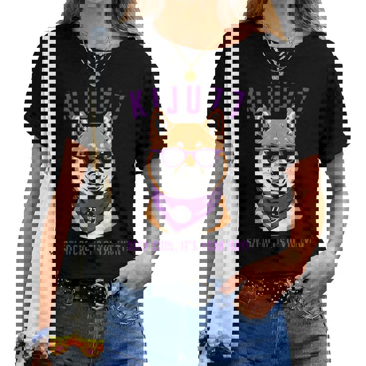 喜寿祝い 犬 柴犬 サングラス 父 男性 女性 母 犬好き 喜寿 お祝い 77歳 おもしろ おもろい レディースTシャツ