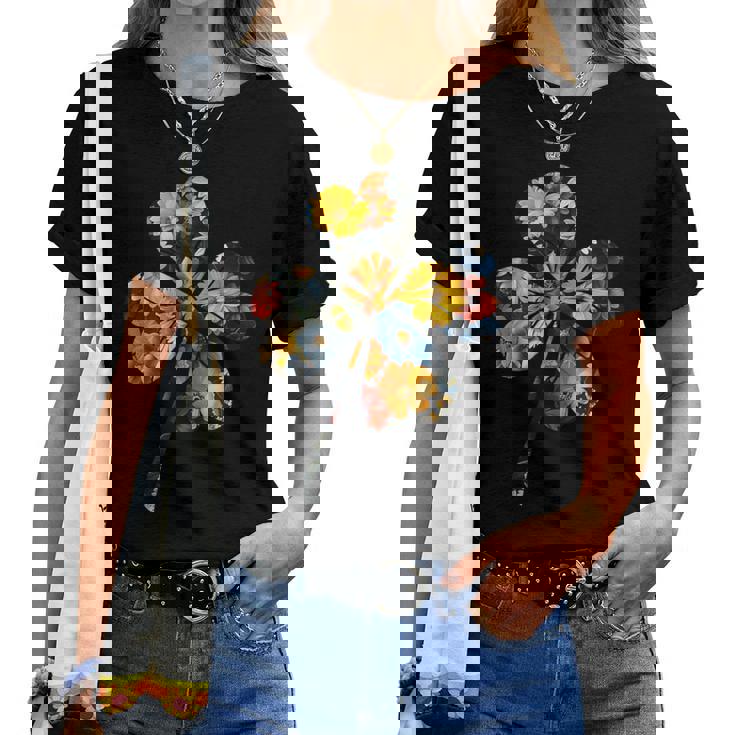 四つ葉のクローバーのシルエット 花 植物 花柄 レディースTシャツ