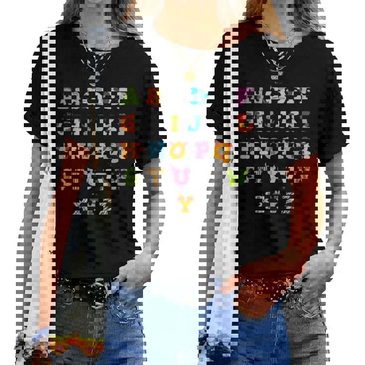 文字 アルファベット 学ぶ Abc 男の子 女の子 Abc 動物 アルファベット レディースTシャツ