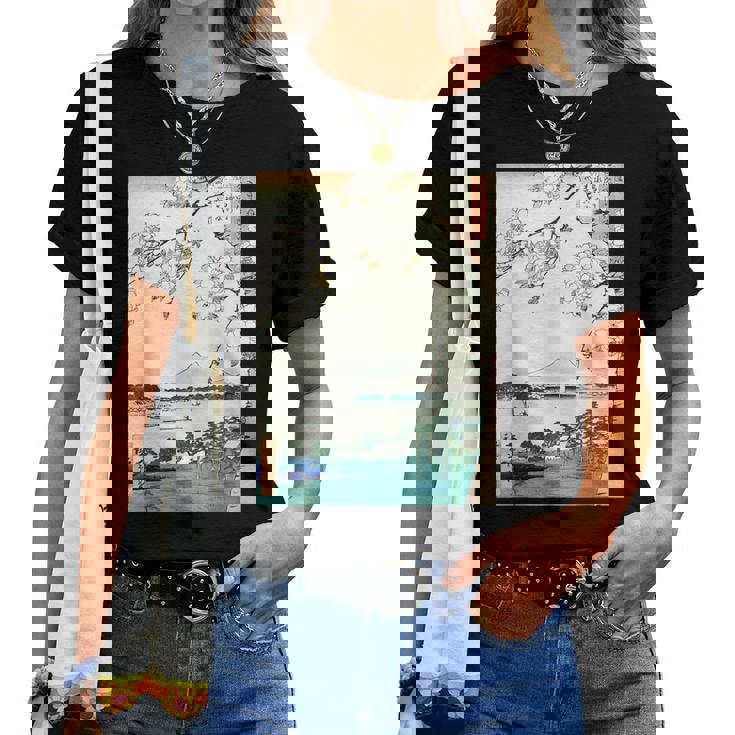 桜の花 ジャパニーズ・ヴィンテージ・アート 歌川 広重 隅田川水神の森真崎 名所江戸百景 レディースTシャツ