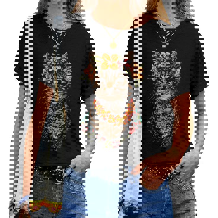 猫 ハワイアン 花 フラ ハイビスカス 面白い かわいい ハワイ レディースTシャツ