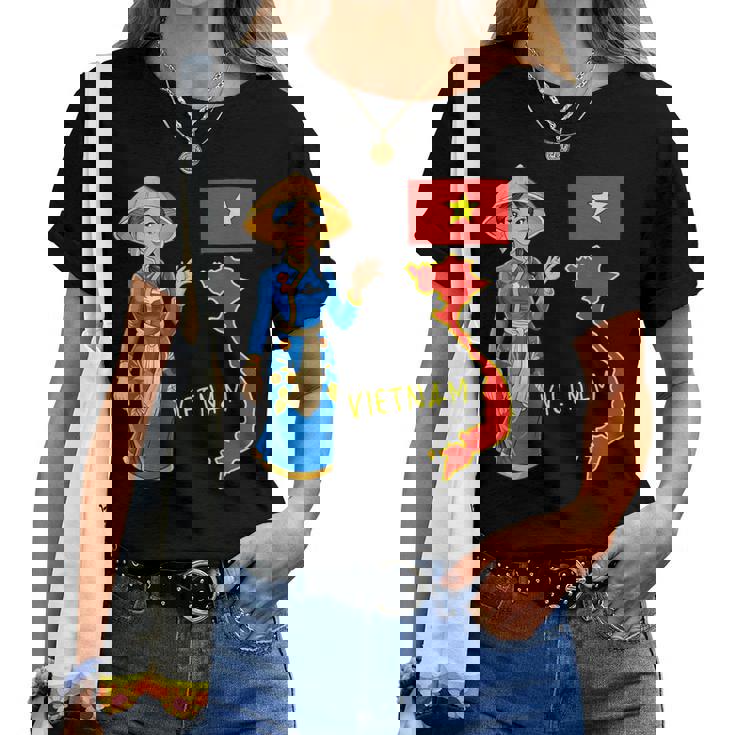 美しい笑顔のベトナムの女の子、旗とベトナムの地図 レディースTシャツ