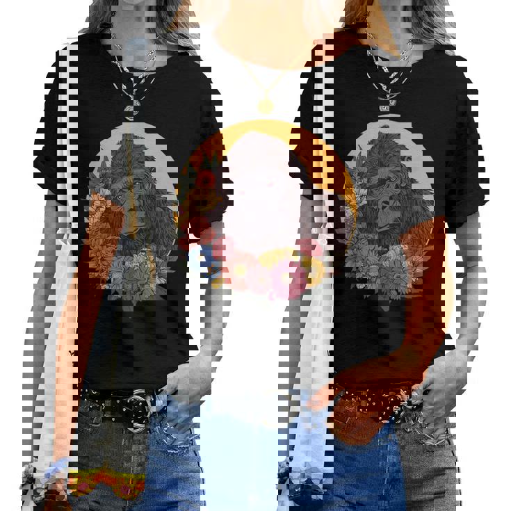 花のイラストとゴリラ レディースTシャツ