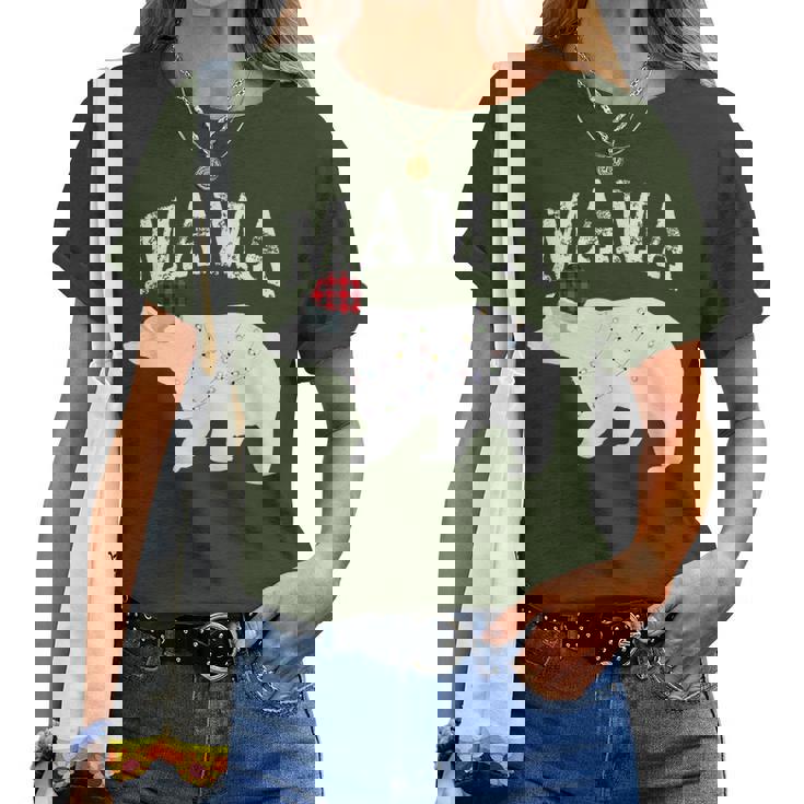 Mama Bear Xmas Buffalo Plaid Lights Matching Family Pajama レディースTシャツ