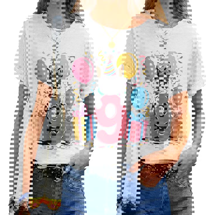 9歳の誕生日 男の子 女の子 9歳 9歳 ボストンテリア 長袖tシャツ レディースTシャツ