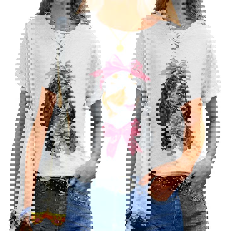 Coquette Bow Coonhound Dog Mom ピンクリボンガール レディースTシャツ