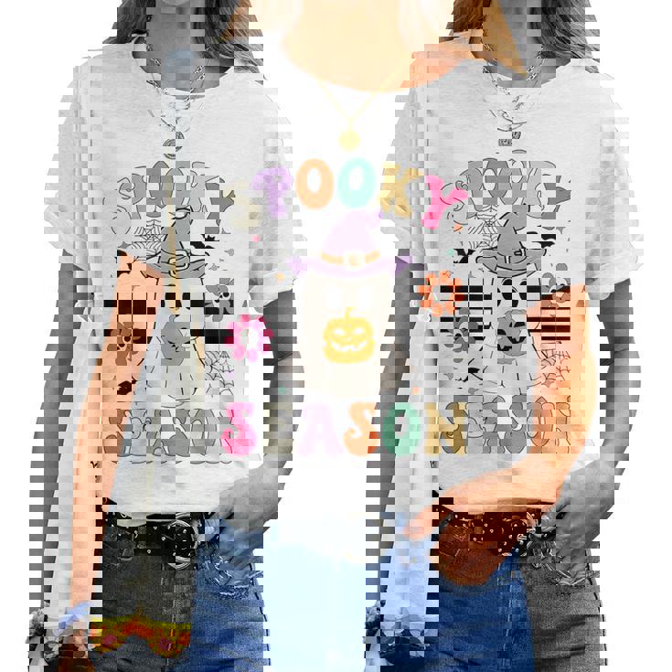 Groovypookyeason レトロ ゴースト 持株 パンプキン ハロウィン レディースTシャツ