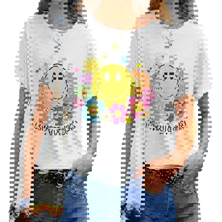 Grow Positive Thoughts イエロー スマイルフェイス 花 キッズ 女の子 レディースTシャツ