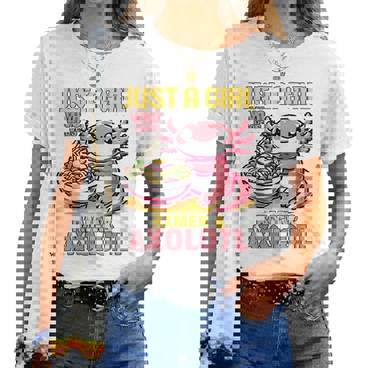 Just A Girl Who Loves Ramen And Axolotl Pink Kawaii Axolotl レディースTシャツ