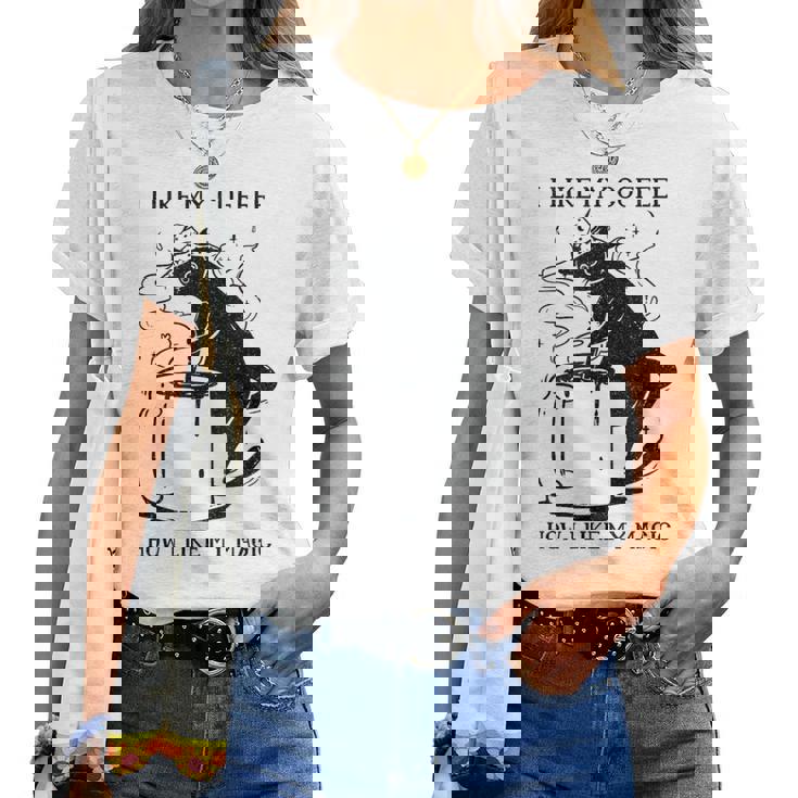 Magic Coffee Cat 面白い猫 レディースTシャツ