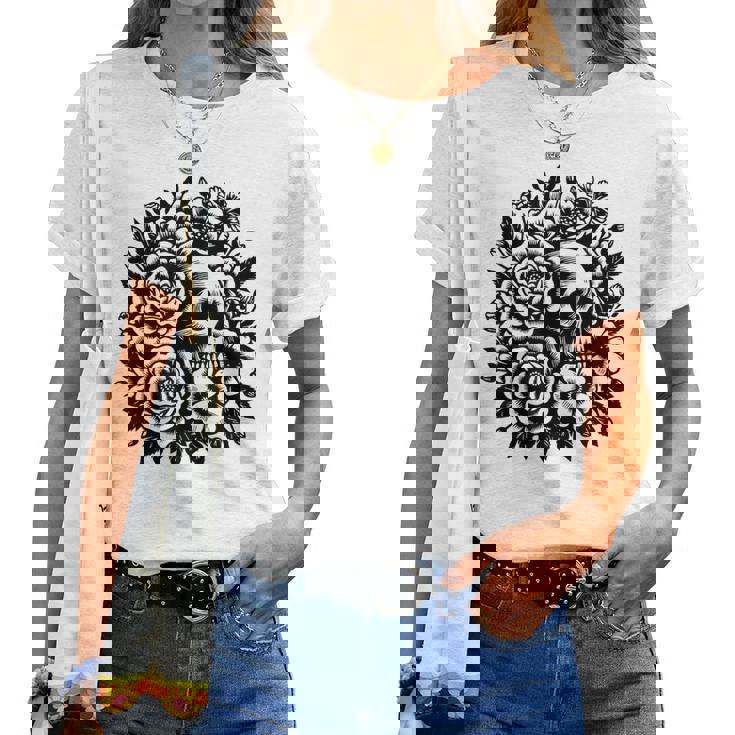 Skull Flower Rad Rock N Roll Graphic Retro レディースTシャツ