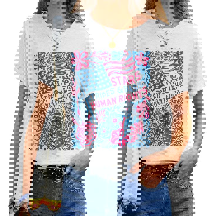 Stars Stripes Human Rights 4Th Of July Floral American Flag Women T-shirt