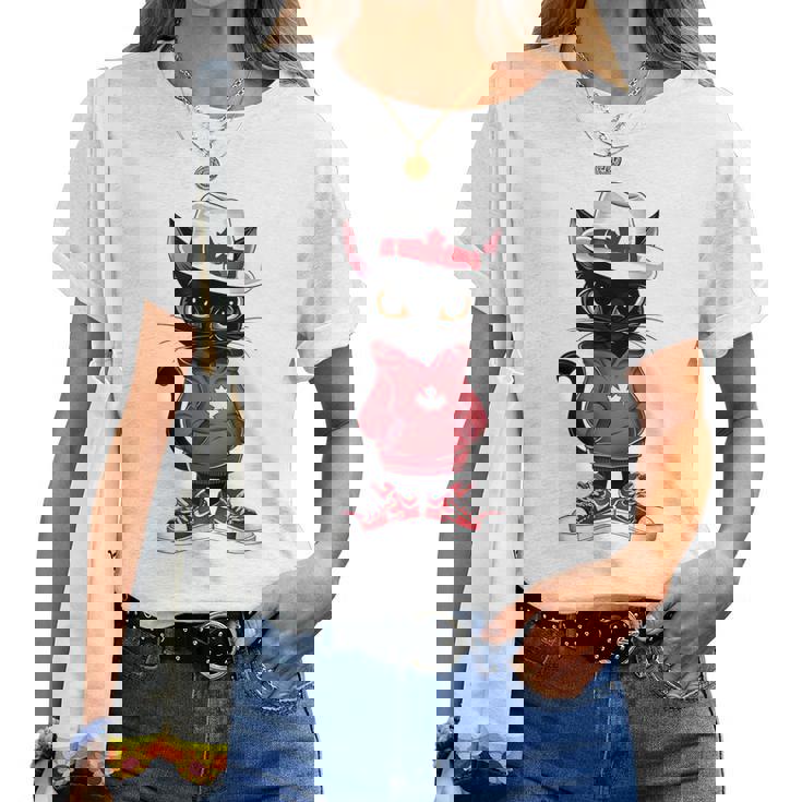 カナダデー 面白い クール 黒猫 カナダ国旗 キッズ 女の子 男の子 レディースTシャツ