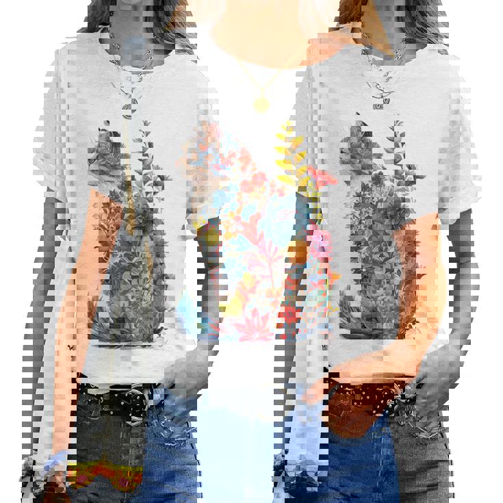 カラフル 花 猫 レディースTシャツ