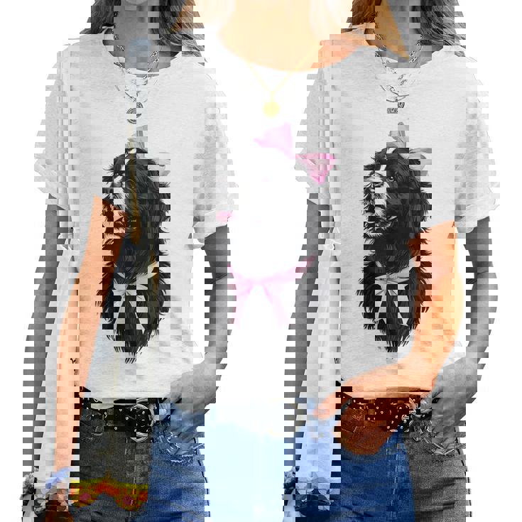 コケット リボン ニューファンドランド 犬 犬 ママ ピンクリボン 女の子 レディースTシャツ