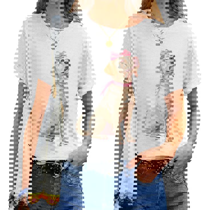 コケットボウ ラブラドールレトリバー 犬 ラボ ママ ピンクリボン 女の子 レディースTシャツ