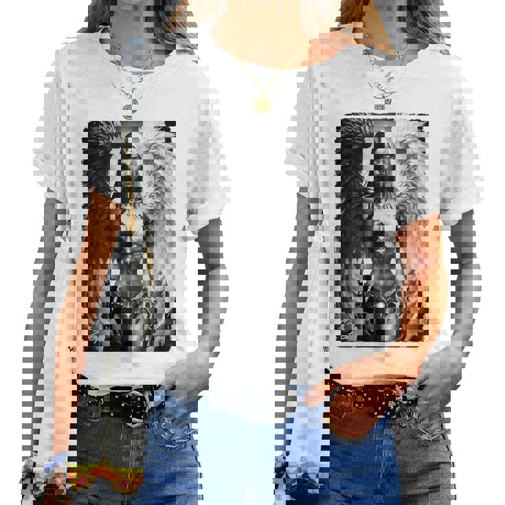 ピンナップガールtシャツ セクシーな天使の悪魔の女の子 B&W バックプリント レディースTシャツ