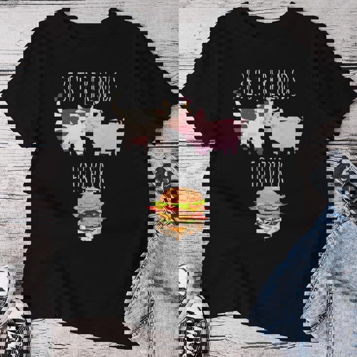 Best Friends Forever Beef Lover Pork Meat Bacon Burger レディースTシャツ 面白い贈り物