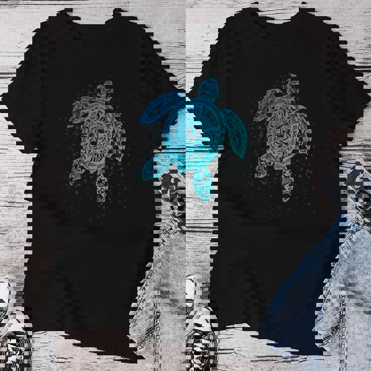 Boho Tiki ティールウミガメ 気泡付き 亀 レディースTシャツ 面白い贈り物