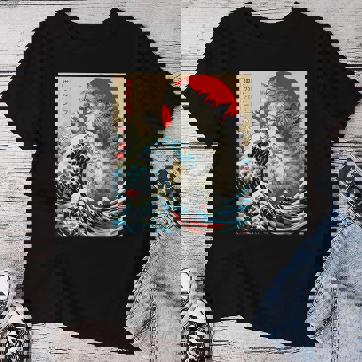 Catzilla Cat 日本アート 面白い猫 ギフト 男性 女性 子供 レディースTシャツ 面白い贈り物