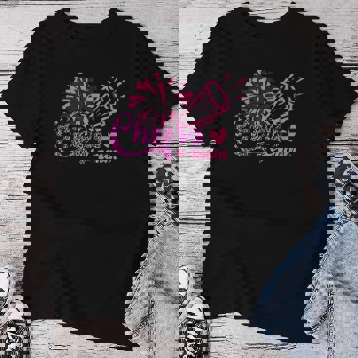 Cheer Mom ヒョウ文字 チアポンポン メガホン付き レディースTシャツ 面白い贈り物