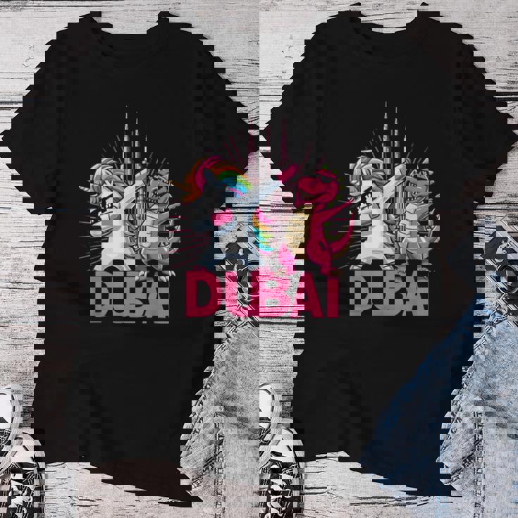 Dabbing ユニコーン 恐竜 男性 女性 男の子 女の子 キッズ ドバイ レディースTシャツ 面白い贈り物