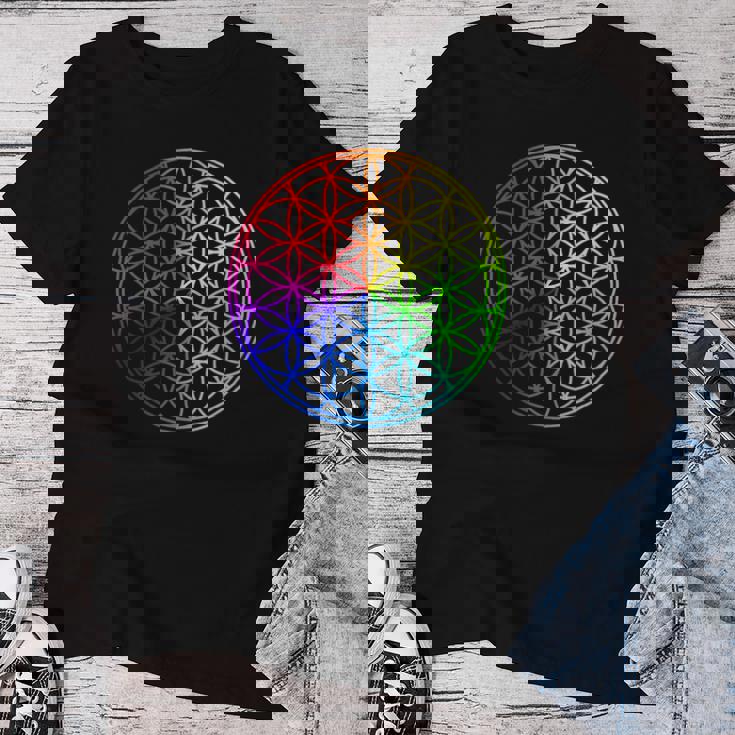 Flower Of Lifeacred Geometry Yogaフラワーオブライフ神聖幾何学瞑想ヨガ レディースTシャツ 面白い贈り物