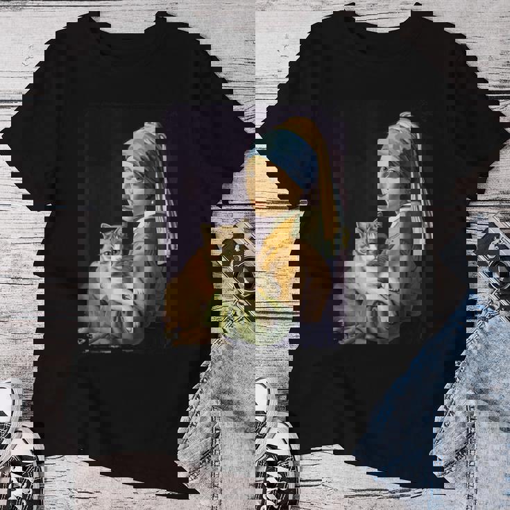 Girl With A Pearl Earring And A Cat 名画パロディ アート猫 レディースTシャツ 面白い贈り物